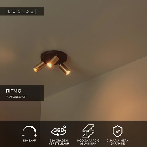 Lucide RITMO - Plafondspot - Ø 18 cm - 3xGU10 (MR11) - Mat Goud / Messing - USP